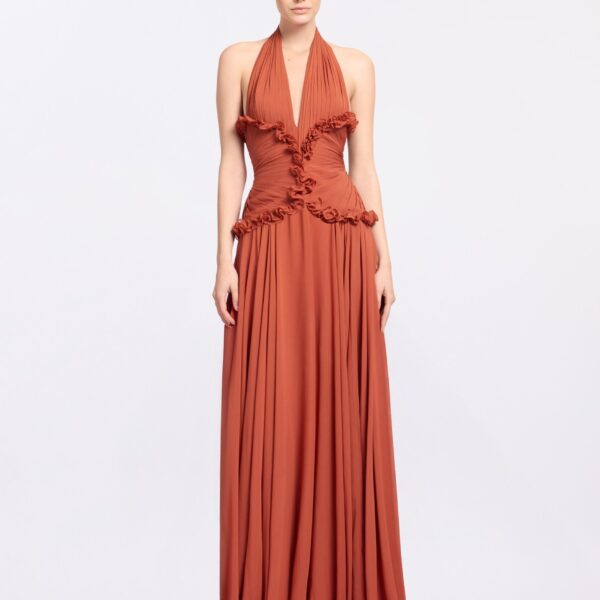 Elie Saab Silk Long Dress in Orange featuring Ruffle Details – Luxury Designer Fashion at Coveti.