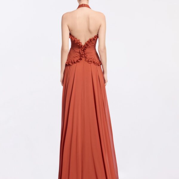 Elie Saab Silk Long Dress in Orange featuring Ruffle Details – Luxury Designer Fashion at Coveti.
