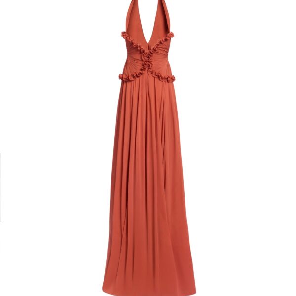 Elie Saab Silk Long Dress in Orange featuring Ruffle Details – Luxury Designer Fashion at Coveti.