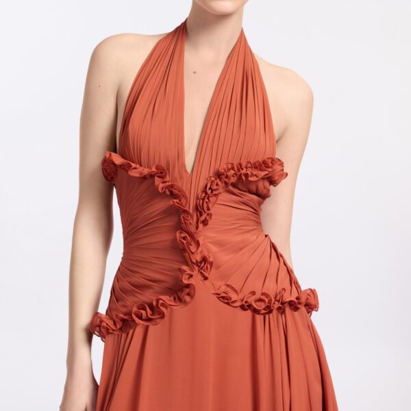 Elie Saab Silk Long Dress in Orange featuring Ruffle Details – Luxury Designer Fashion at Coveti.