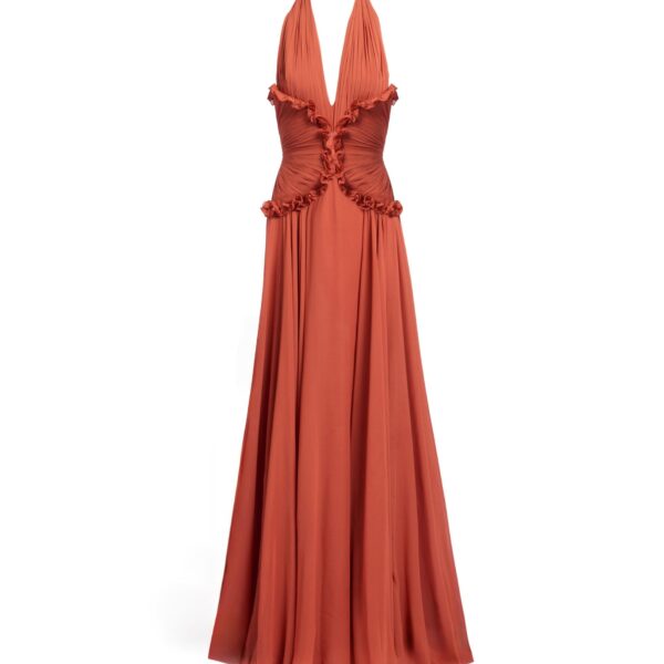Elie Saab Silk Long Dress in Orange featuring Ruffle Details – Luxury Designer Fashion at Coveti.