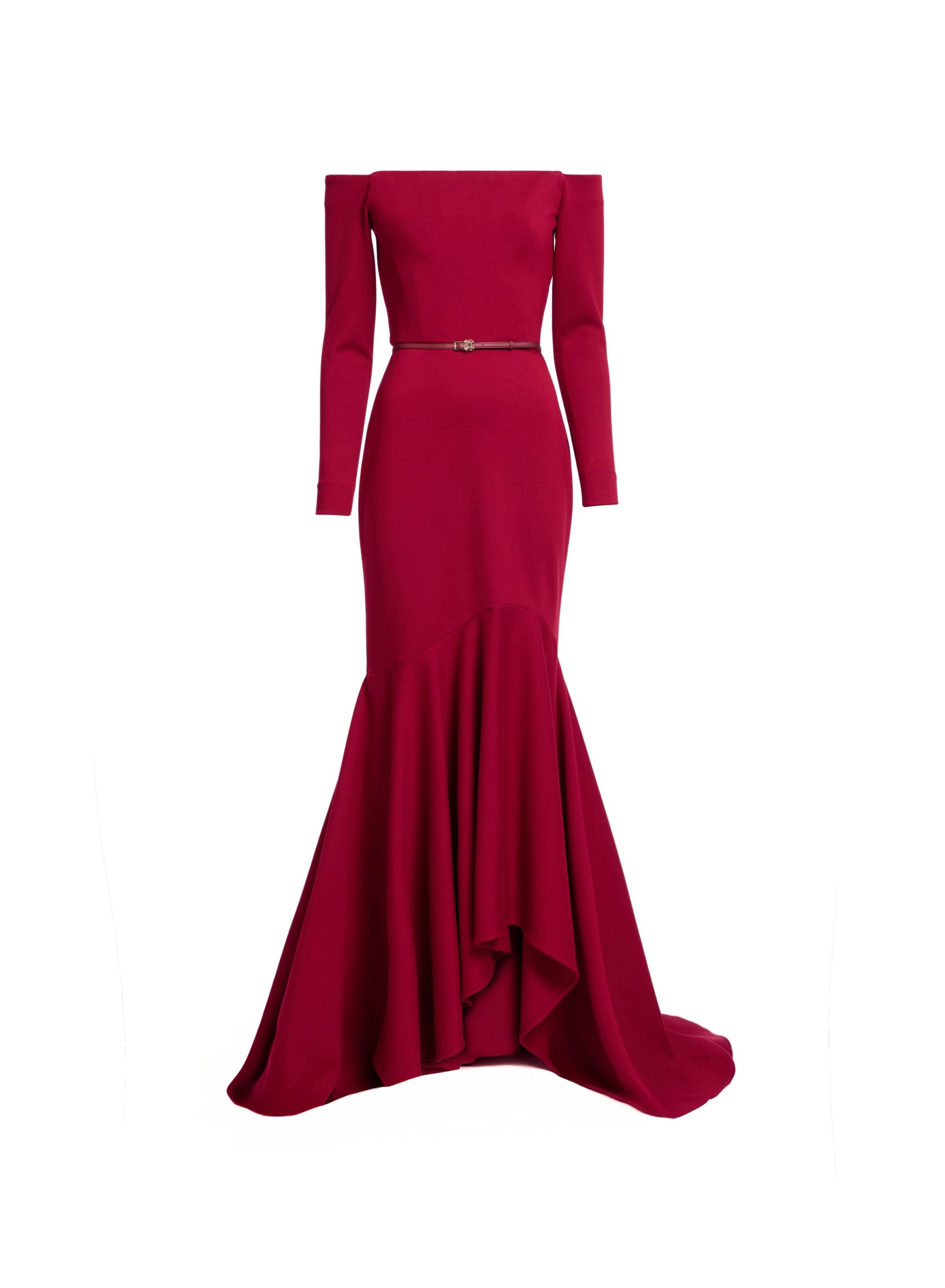 Elie Saab Structured Jersey Long Dress in Red featuring Off-The-Shoulder – Luxury Designer Fashion at Coveti.