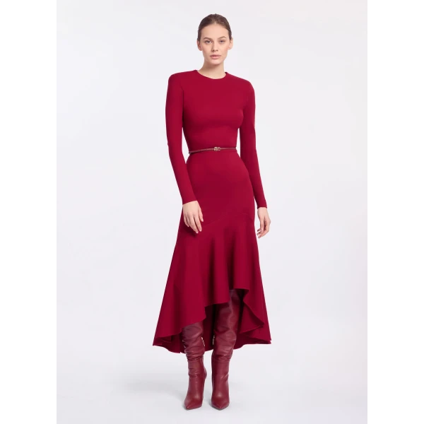 Elie Saab Structured Jersey Midi Dress in Red featuring Round Neck – Luxury Designer Fashion at Coveti.