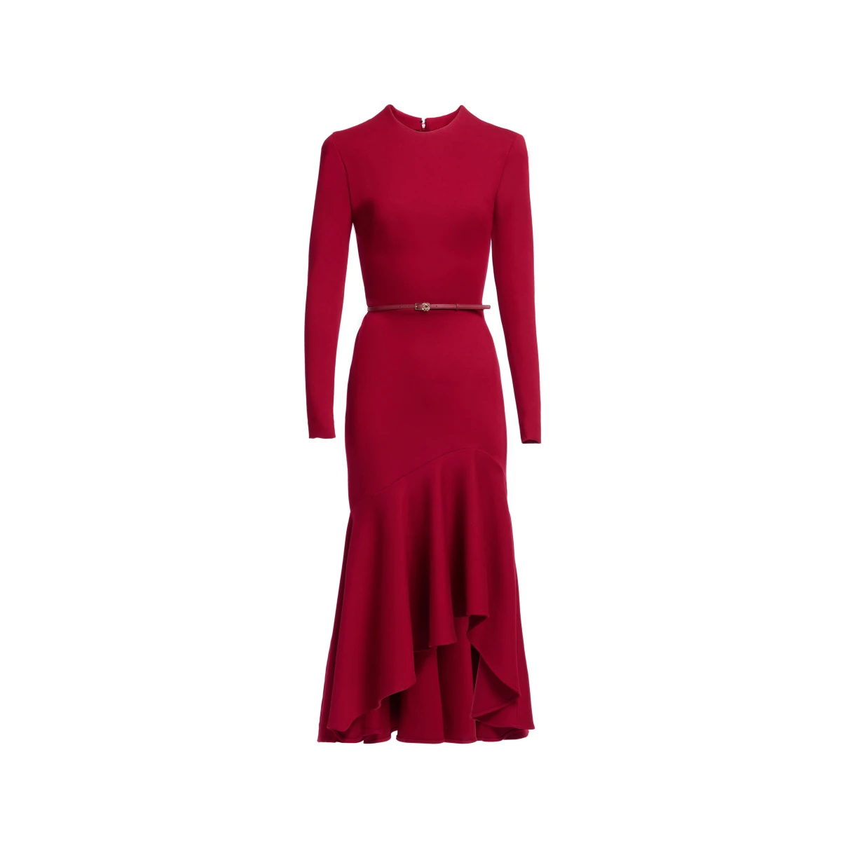 Elie Saab Structured Jersey Midi Dress in Red featuring Round Neck – Luxury Designer Fashion at Coveti.