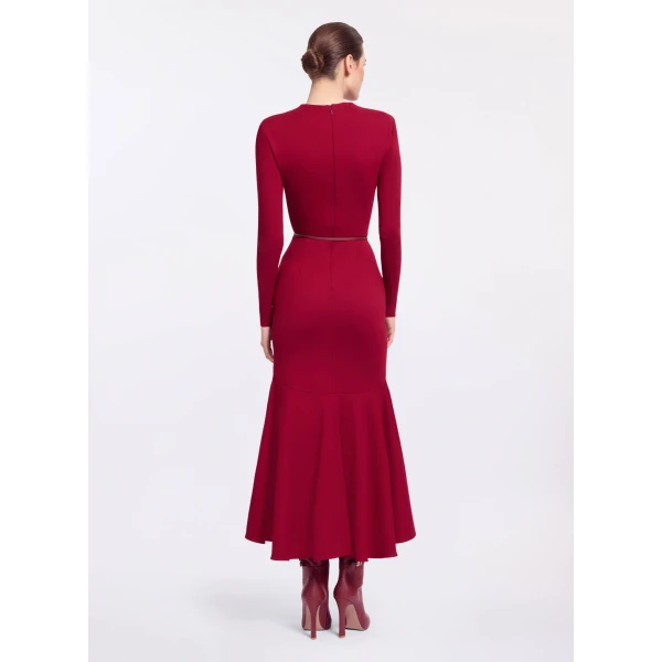 Elie Saab Structured Jersey Midi Dress in Red featuring Round Neck – Luxury Designer Fashion at Coveti.