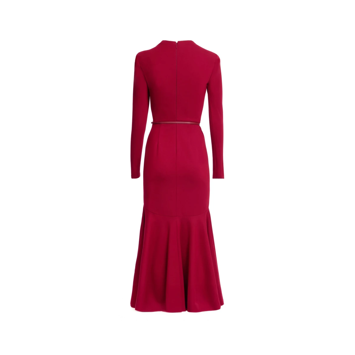 Elie Saab Structured Jersey Midi Dress in Red featuring Round Neck – Luxury Designer Fashion at Coveti.