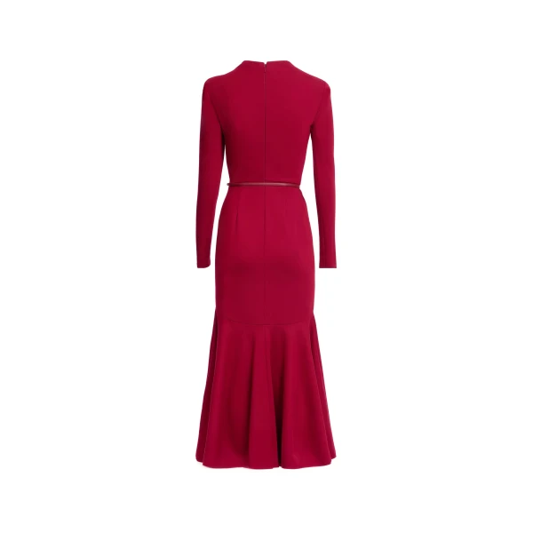Elie Saab Structured Jersey Midi Dress in Red featuring Round Neck – Luxury Designer Fashion at Coveti.