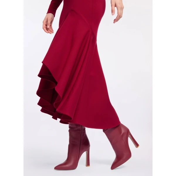 Elie Saab Structured Jersey Midi Dress in Red featuring Round Neck – Luxury Designer Fashion at Coveti.