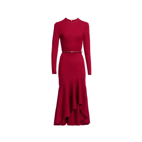 Elie Saab Structured Jersey Midi Dress in Red featuring Round Neck – Luxury Designer Fashion at Coveti.