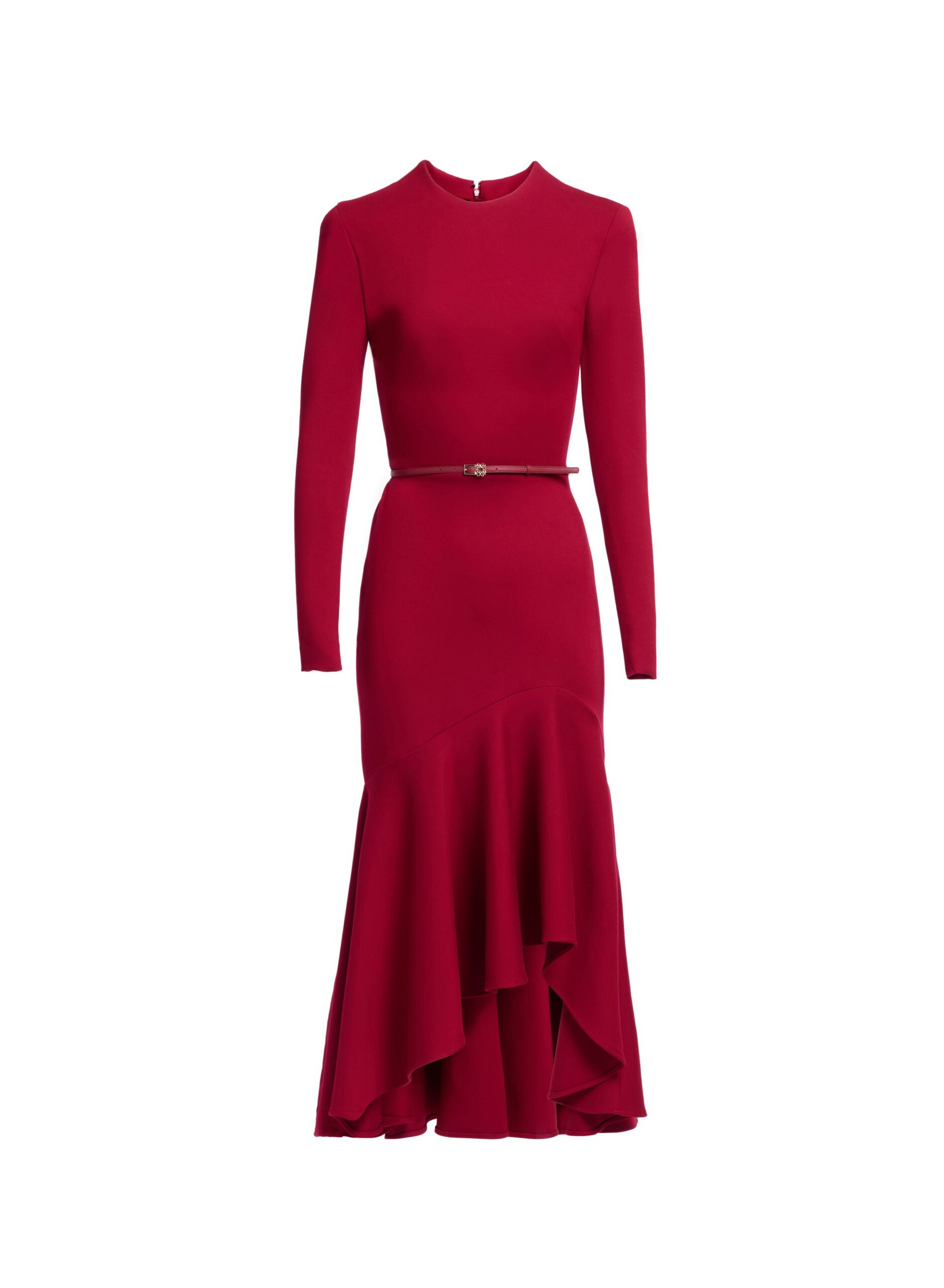 Elie Saab Structured Jersey Midi Dress in Red featuring Round Neck – Luxury Designer Fashion at Coveti.