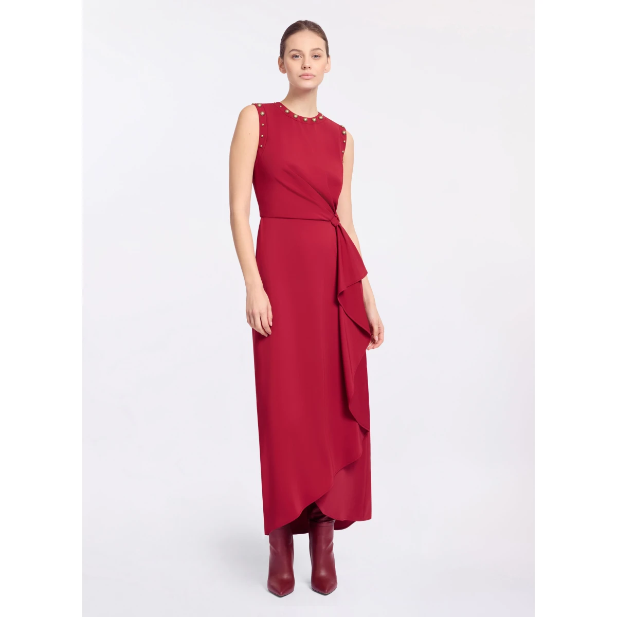 Elie Saab Stud Embellished Cady Dress in Red featuring Stud Embellishments – Luxury Designer Fashion at Coveti.