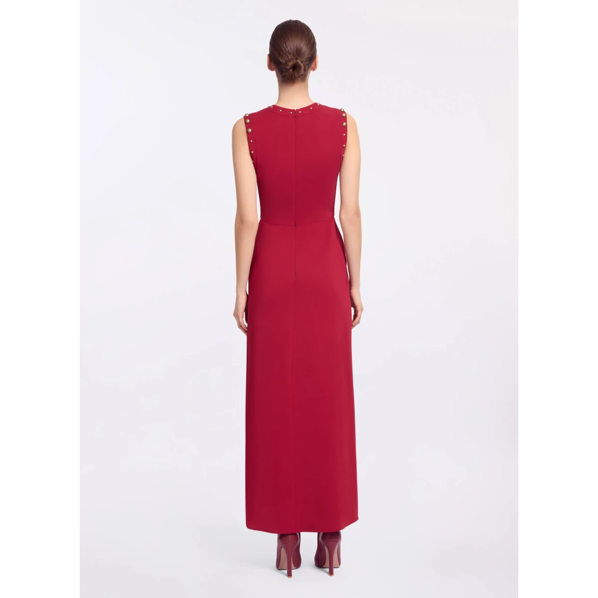 Elie Saab Stud Embellished Cady Dress in Red featuring Stud Embellishments – Luxury Designer Fashion at Coveti.