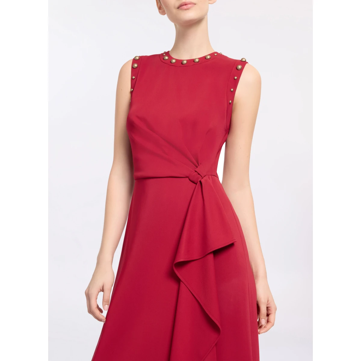 Elie Saab Stud Embellished Cady Dress in Red featuring Stud Embellishments – Luxury Designer Fashion at Coveti.