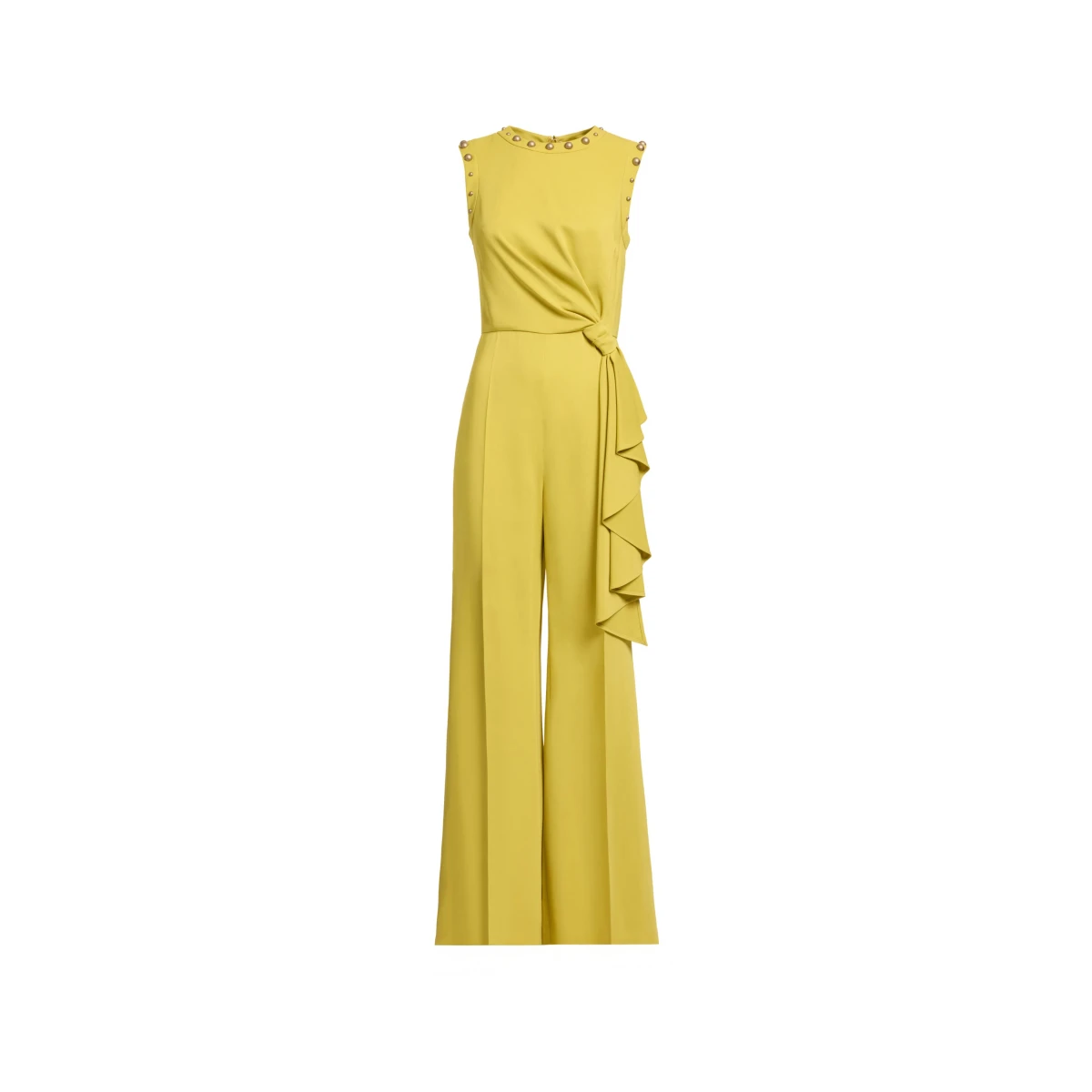 Elie Saab Stud Embellished Cady Jumpsuit in Yellow featuring Stud Embellishments – Luxury Designer Fashion at Coveti.