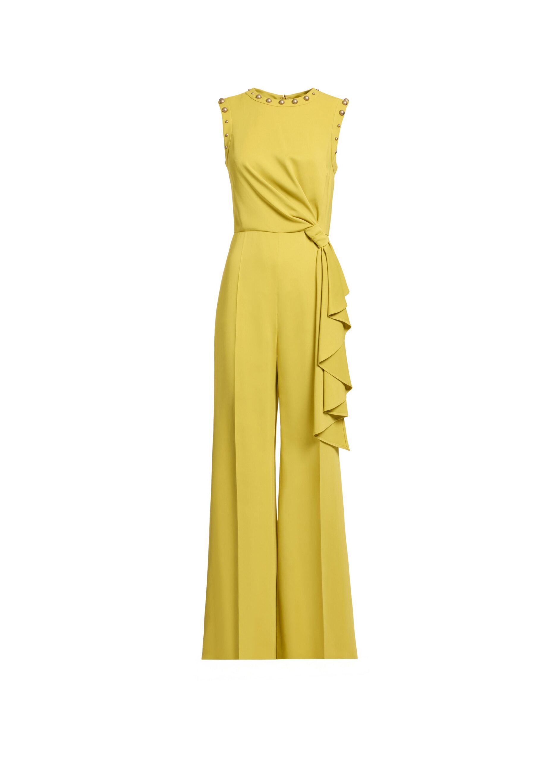Elie Saab Stud Embellished Cady Jumpsuit in Yellow featuring Stud Embellishments – Luxury Designer Fashion at Coveti.