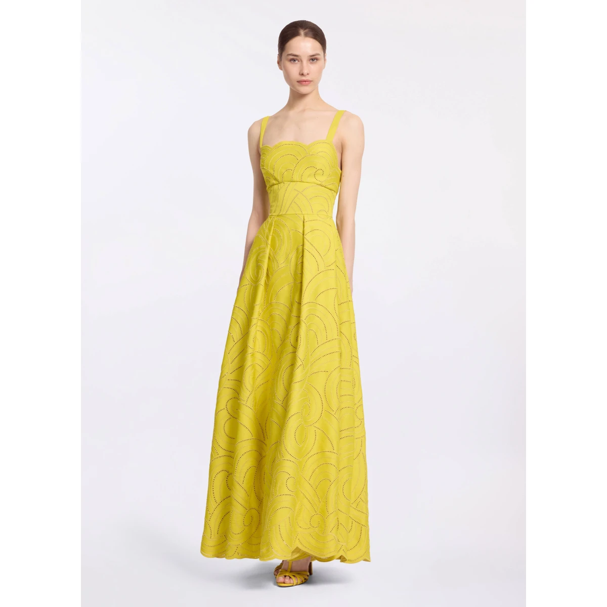 Elie Saab Swirl Embroidered Cotton Dress in Yellow featuring Cutwork Swirl Embroidery – Luxury Designer Fashion at Coveti.