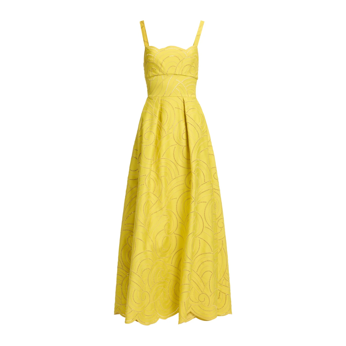 Elie Saab Swirl Embroidered Cotton Dress in Yellow featuring Cutwork Swirl Embroidery – Luxury Designer Fashion at Coveti.