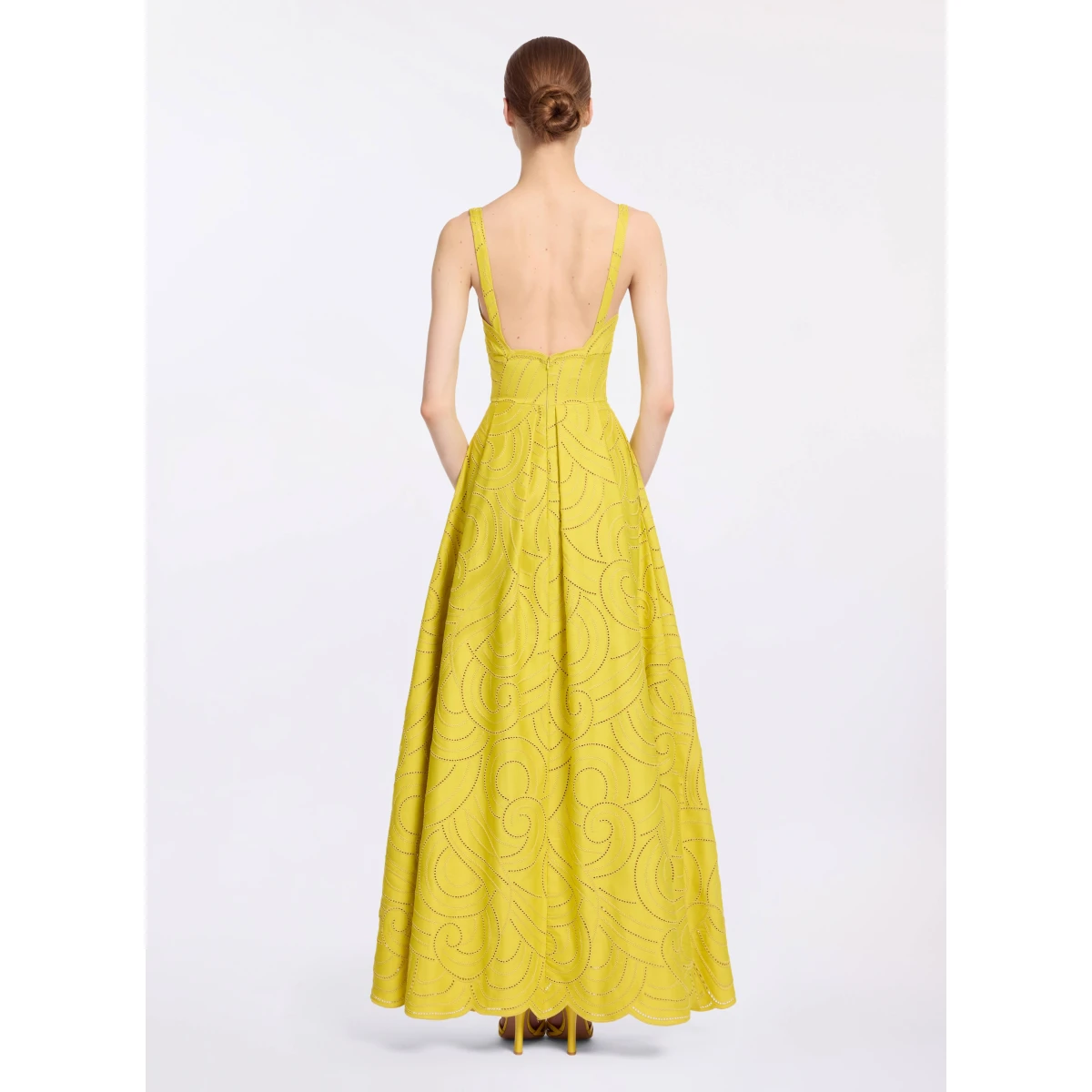 Elie Saab Swirl Embroidered Cotton Dress in Yellow featuring Cutwork Swirl Embroidery – Luxury Designer Fashion at Coveti.