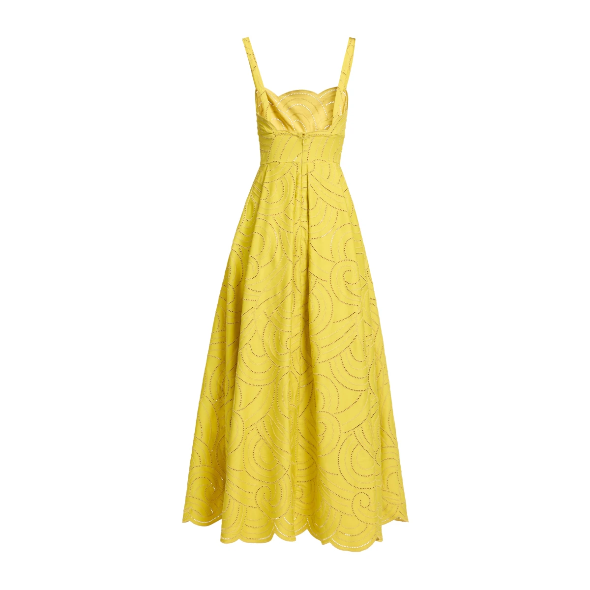 Elie Saab Swirl Embroidered Cotton Dress in Yellow featuring Cutwork Swirl Embroidery – Luxury Designer Fashion at Coveti.
