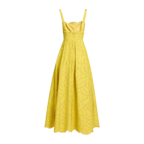 Elie Saab Swirl Embroidered Cotton Dress in Yellow featuring Cutwork Swirl Embroidery – Luxury Designer Fashion at Coveti.