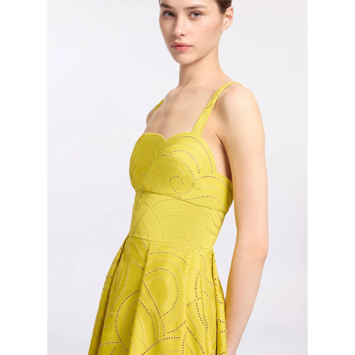 Elie Saab Swirl Embroidered Cotton Dress in Yellow featuring Cutwork Swirl Embroidery – Luxury Designer Fashion at Coveti.