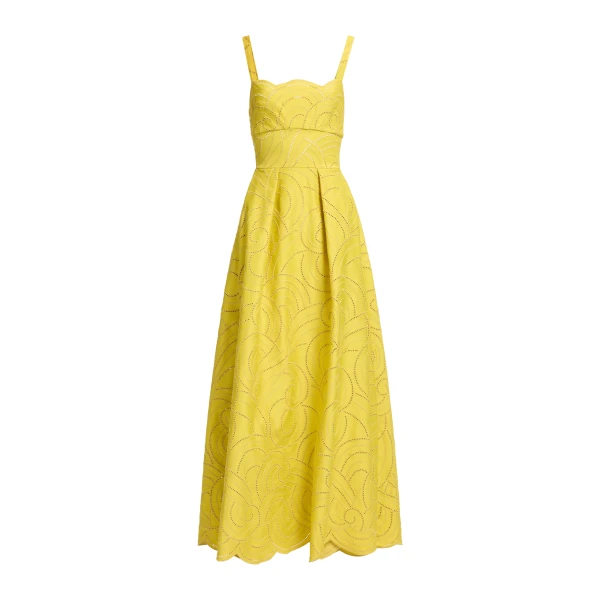 Elie Saab Swirl Embroidered Cotton Dress in Yellow featuring Cutwork Swirl Embroidery – Luxury Designer Fashion at Coveti.