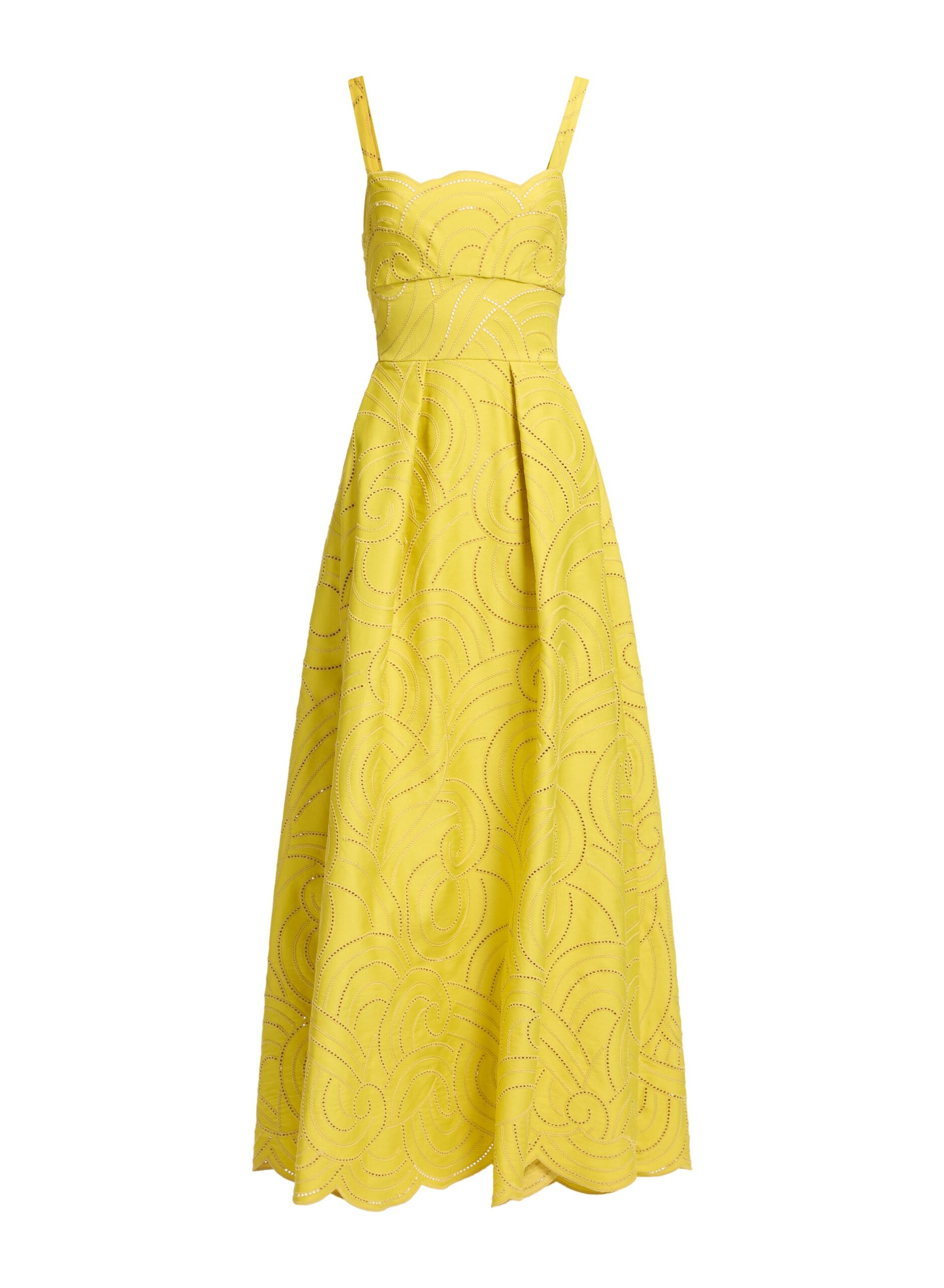 Elie Saab Swirl Embroidered Cotton Dress in Yellow featuring Cutwork Swirl Embroidery – Luxury Designer Fashion at Coveti.