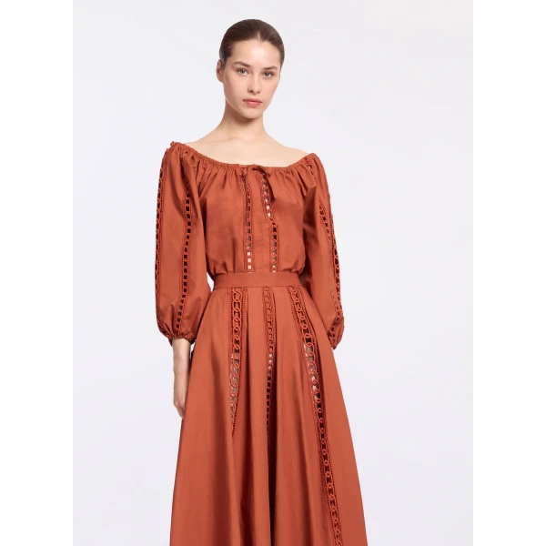 Elie Saab Trim Embellished Cotton Blouse in Orange featuring Macramé Trim Embellishments – Luxury Designer Fashion at Coveti.