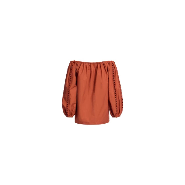 Elie Saab Trim Embellished Cotton Blouse in Orange featuring Macramé Trim Embellishments – Luxury Designer Fashion at Coveti.