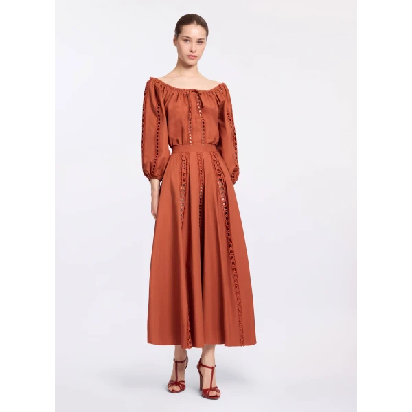 Elie Saab Trim Embellished Cotton Blouse in Orange featuring Macramé Trim Embellishments – Luxury Designer Fashion at Coveti.
