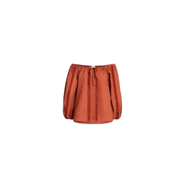 Elie Saab Trim Embellished Cotton Blouse in Orange featuring Macramé Trim Embellishments – Luxury Designer Fashion at Coveti.