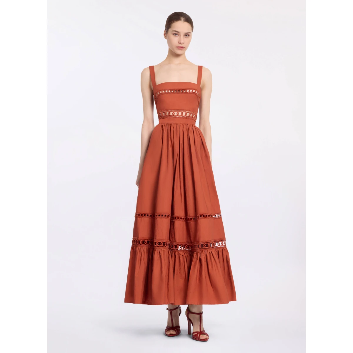 Elie Saab Trim Embellished Cotton Midi Dress in Orange featuring Macramé Trim Embellishments – Luxury Designer Fashion at Coveti.