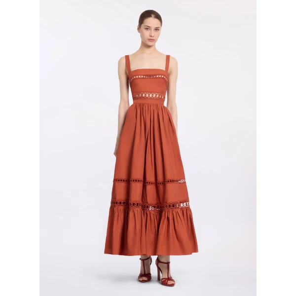 Elie Saab Trim Embellished Cotton Midi Dress in Orange featuring Macramé Trim Embellishments – Luxury Designer Fashion at Coveti.