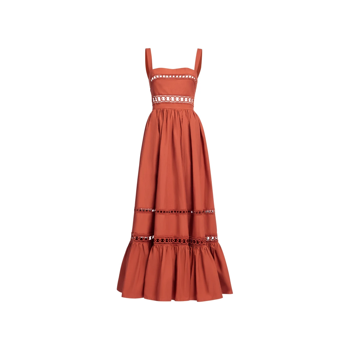 Elie Saab Trim Embellished Cotton Midi Dress in Orange featuring Macramé Trim Embellishments – Luxury Designer Fashion at Coveti.