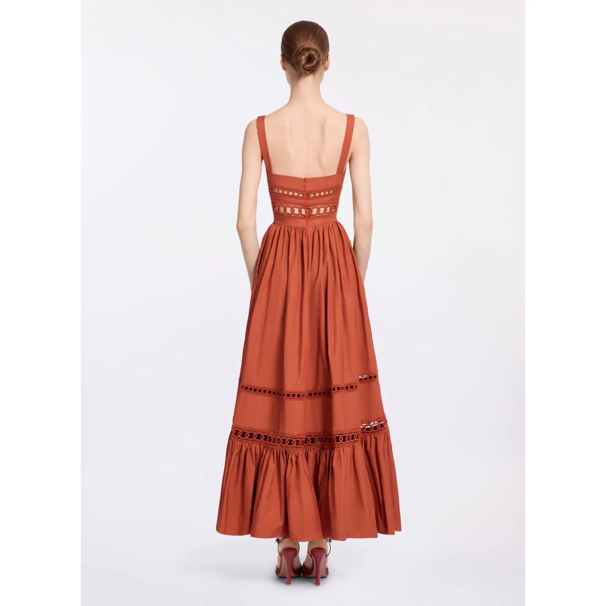 Elie Saab Trim Embellished Cotton Midi Dress in Orange featuring Macramé Trim Embellishments – Luxury Designer Fashion at Coveti.