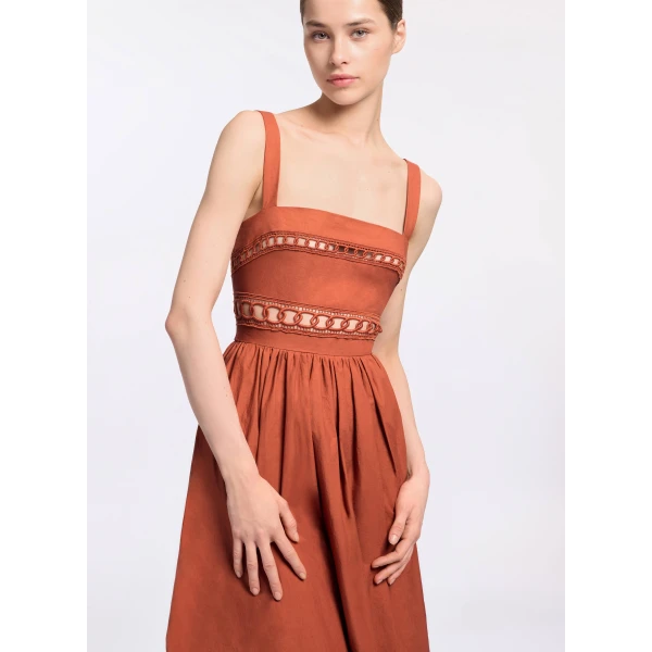 Elie Saab Trim Embellished Cotton Midi Dress in Orange featuring Macramé Trim Embellishments – Luxury Designer Fashion at Coveti.