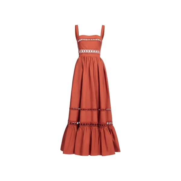 Elie Saab Trim Embellished Cotton Midi Dress in Orange featuring Macramé Trim Embellishments – Luxury Designer Fashion at Coveti.