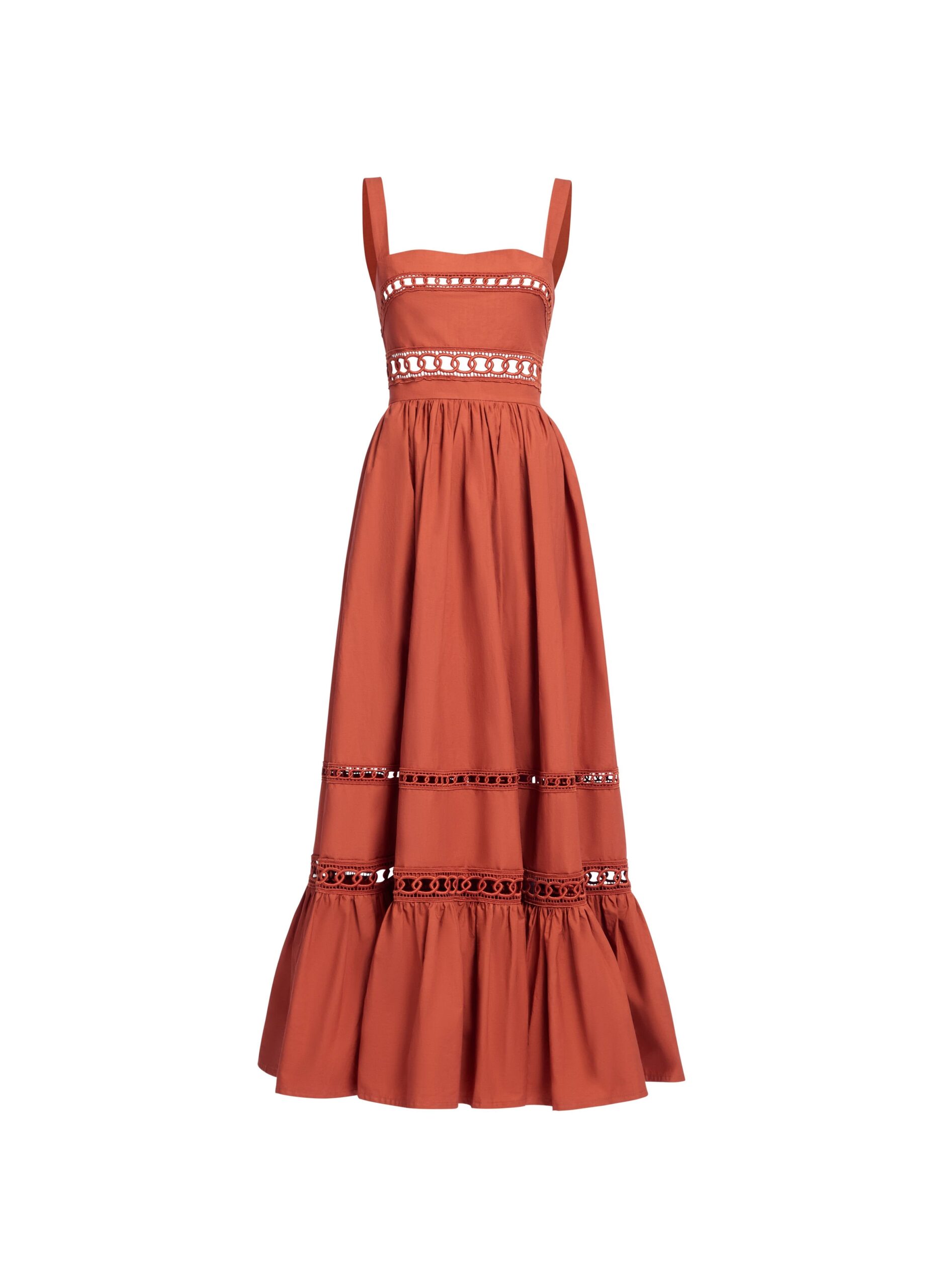 Elie Saab Trim Embellished Cotton Midi Dress in Orange featuring Macramé Trim Embellishments – Luxury Designer Fashion at Coveti.