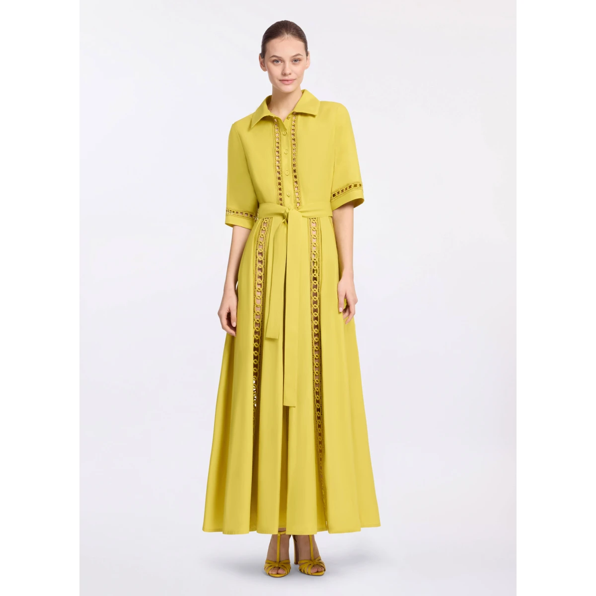Elie Saab Trim Embellished Cotton Shirt Dress in Yellow featuring Macramé Trim Embellishments – Luxury Designer Fashion at Coveti.