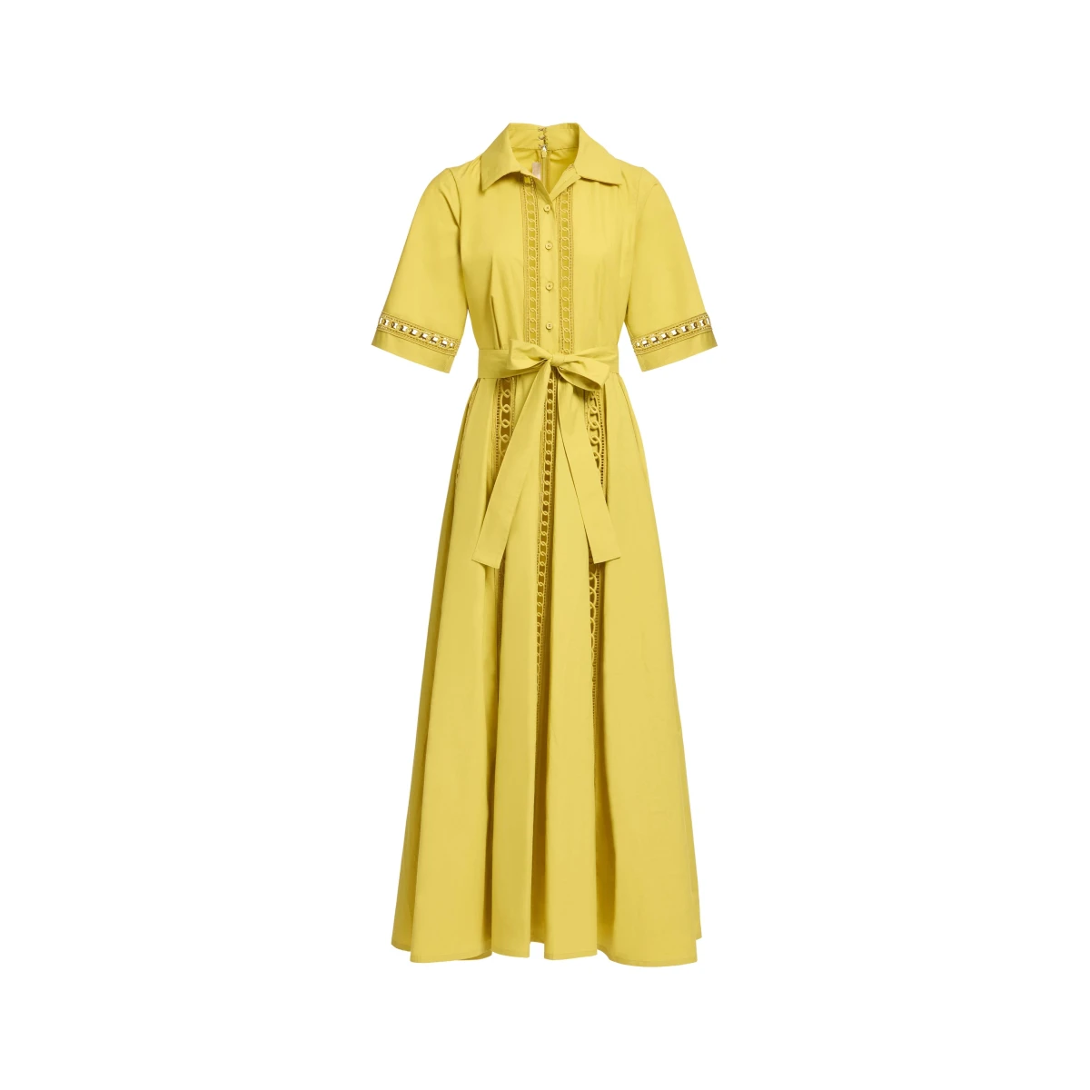 Elie Saab Trim Embellished Cotton Shirt Dress in Yellow featuring Macramé Trim Embellishments – Luxury Designer Fashion at Coveti.