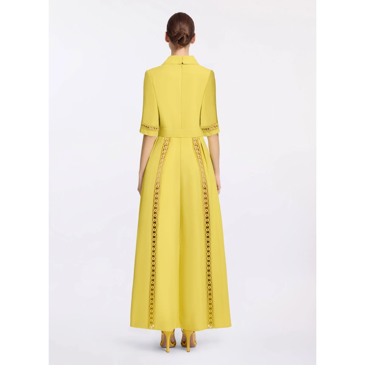 Elie Saab Trim Embellished Cotton Shirt Dress in Yellow featuring Macramé Trim Embellishments – Luxury Designer Fashion at Coveti.