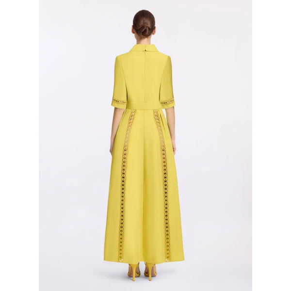 Elie Saab Trim Embellished Cotton Shirt Dress in Yellow featuring Macramé Trim Embellishments – Luxury Designer Fashion at Coveti.