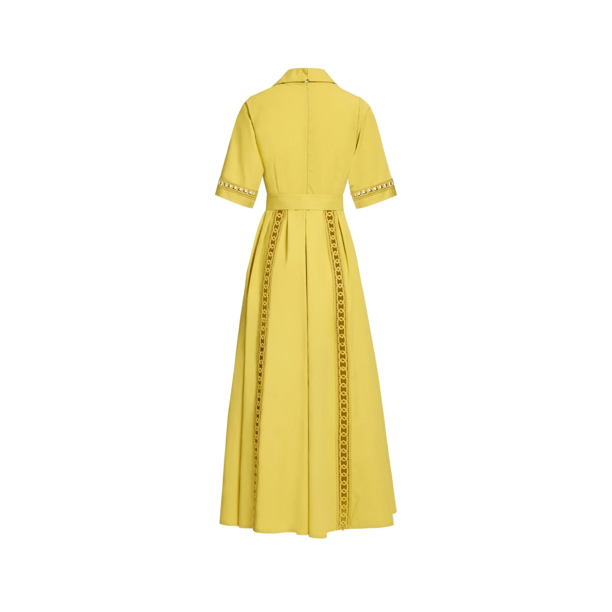 Elie Saab Trim Embellished Cotton Shirt Dress in Yellow featuring Macramé Trim Embellishments – Luxury Designer Fashion at Coveti.