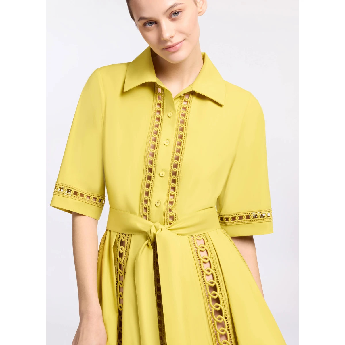 Elie Saab Trim Embellished Cotton Shirt Dress in Yellow featuring Macramé Trim Embellishments – Luxury Designer Fashion at Coveti.