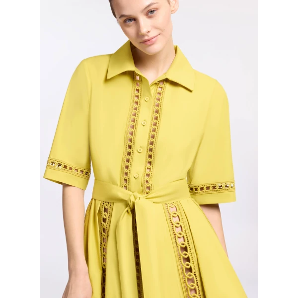 Elie Saab Trim Embellished Cotton Shirt Dress in Yellow featuring Macramé Trim Embellishments – Luxury Designer Fashion at Coveti.