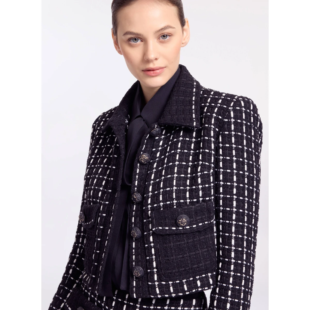 Elie Saab Tweed Jacket in White featuring Black & White Tweed – Luxury Designer Fashion at Coveti.