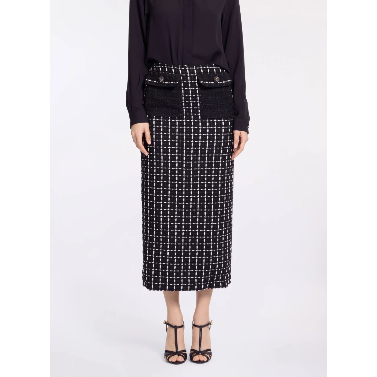 Elie Saab Tweed Midi Skirt in White featuring Black & White Tweed – Luxury Designer Fashion at Coveti.