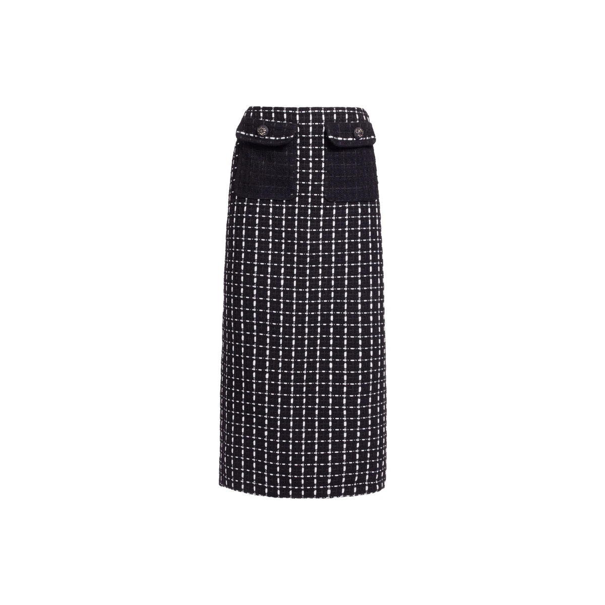 Elie Saab Tweed Midi Skirt in White featuring Black & White Tweed – Luxury Designer Fashion at Coveti.