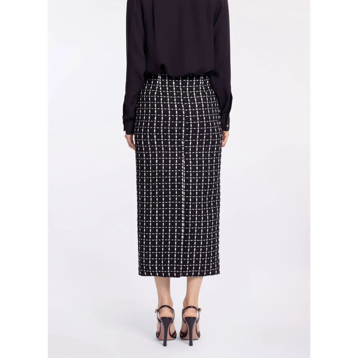 Elie Saab Tweed Midi Skirt in White featuring Black & White Tweed – Luxury Designer Fashion at Coveti.