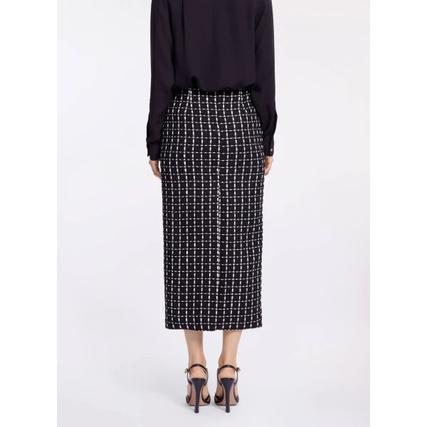 Elie Saab Tweed Midi Skirt in White featuring Black & White Tweed – Luxury Designer Fashion at Coveti.